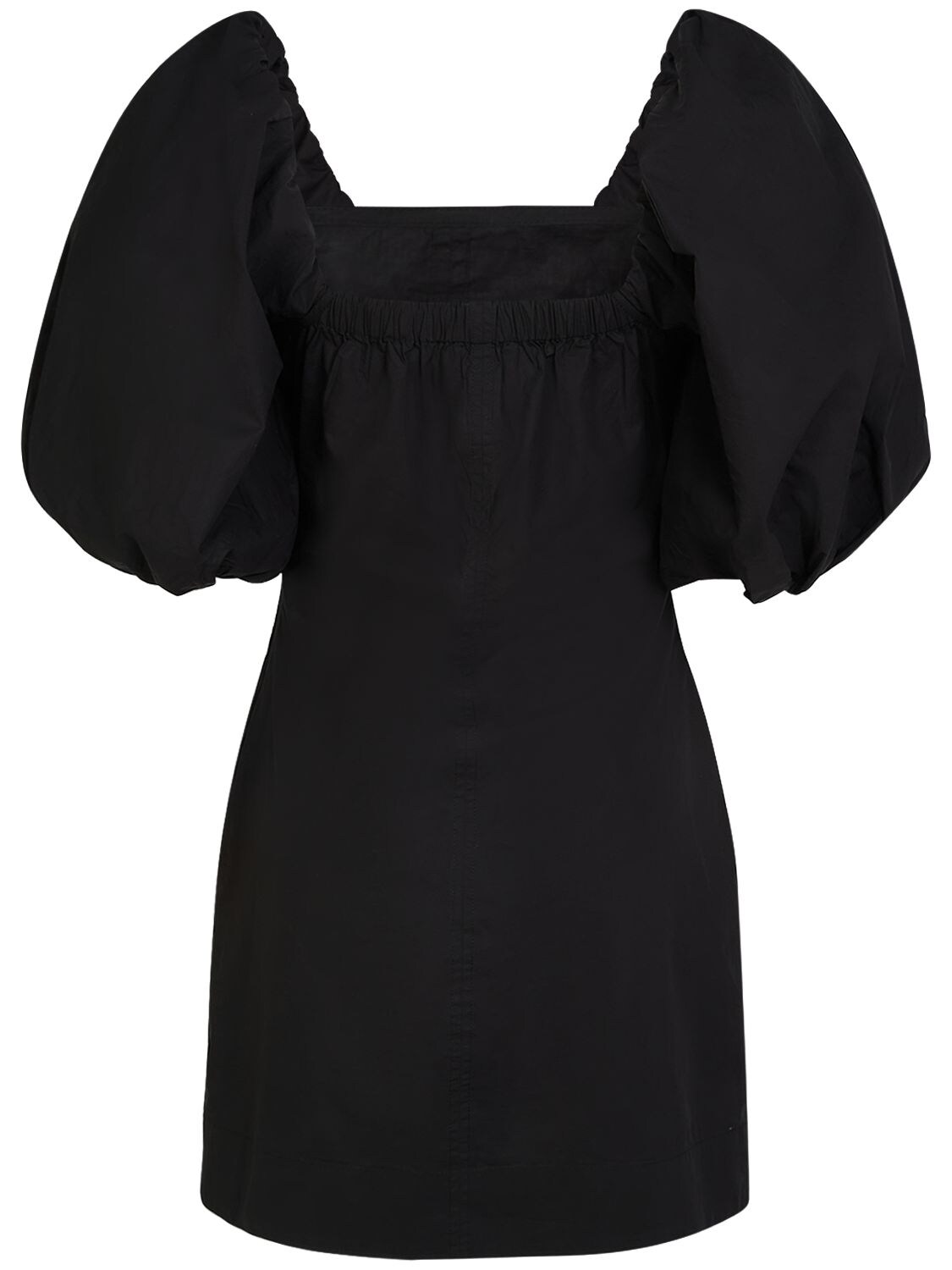 Shop Ganni Cotton Poplin Puff Sleeve Mini Dress In Schwarz