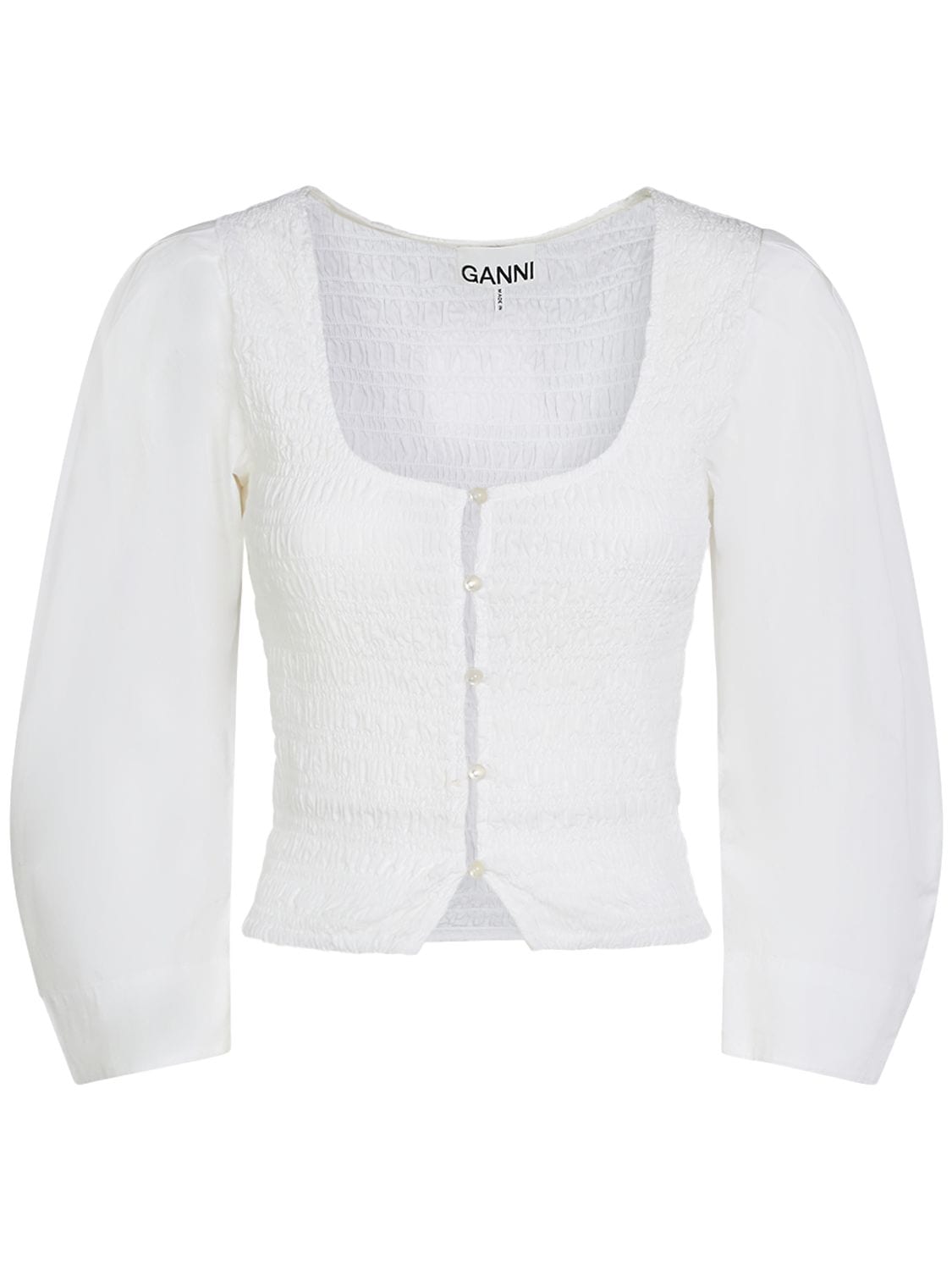 Ganni Cotton Poplin Smocked Top In Hellweiss