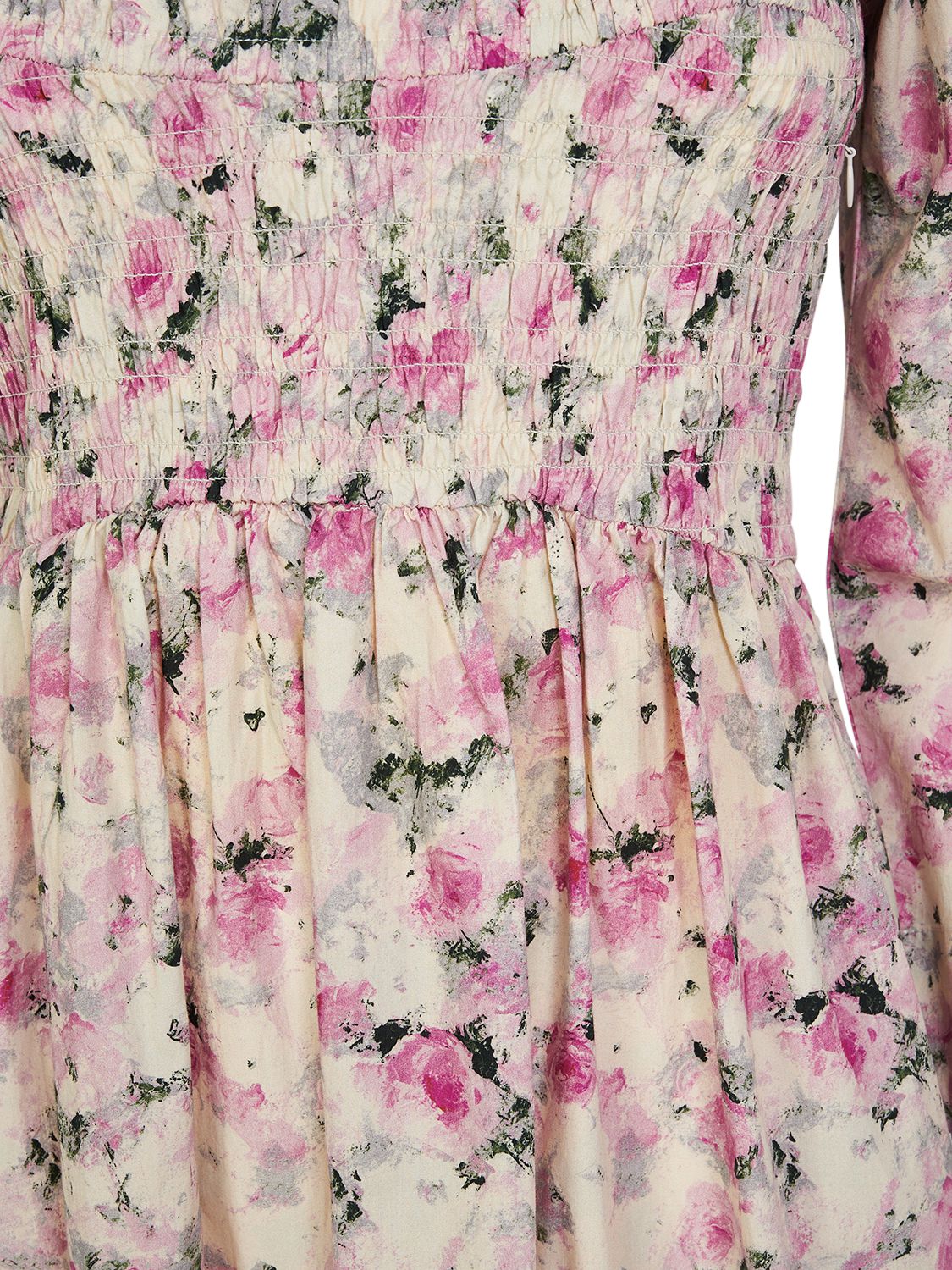 Shop Ganni Smocked Printed Cotton Long Dress In Bunt