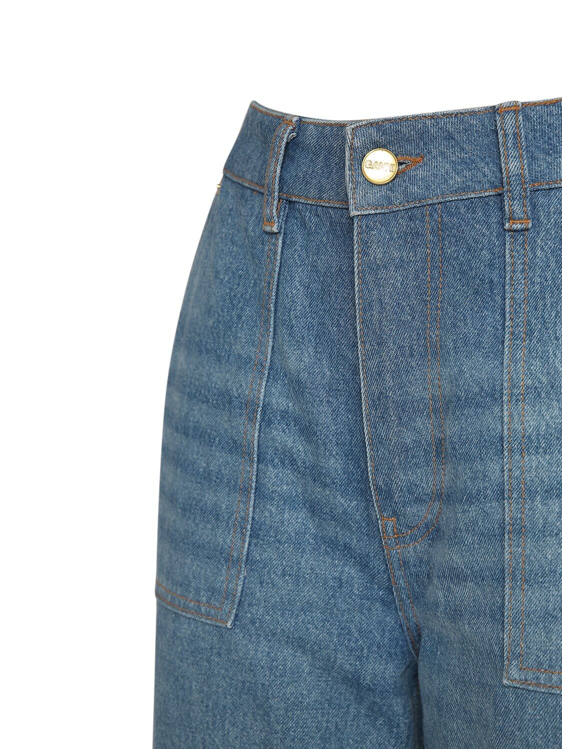 Shop Ganni High Rise Cotton Denim Cargo Jeans In Blau