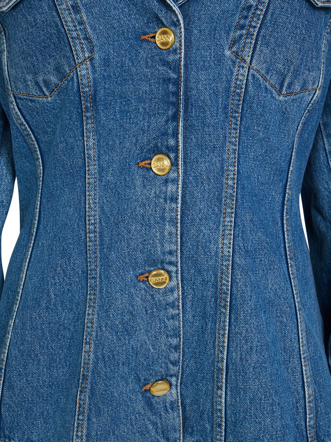 Shop Ganni Fitted Cotton Denim Blazer In Blau