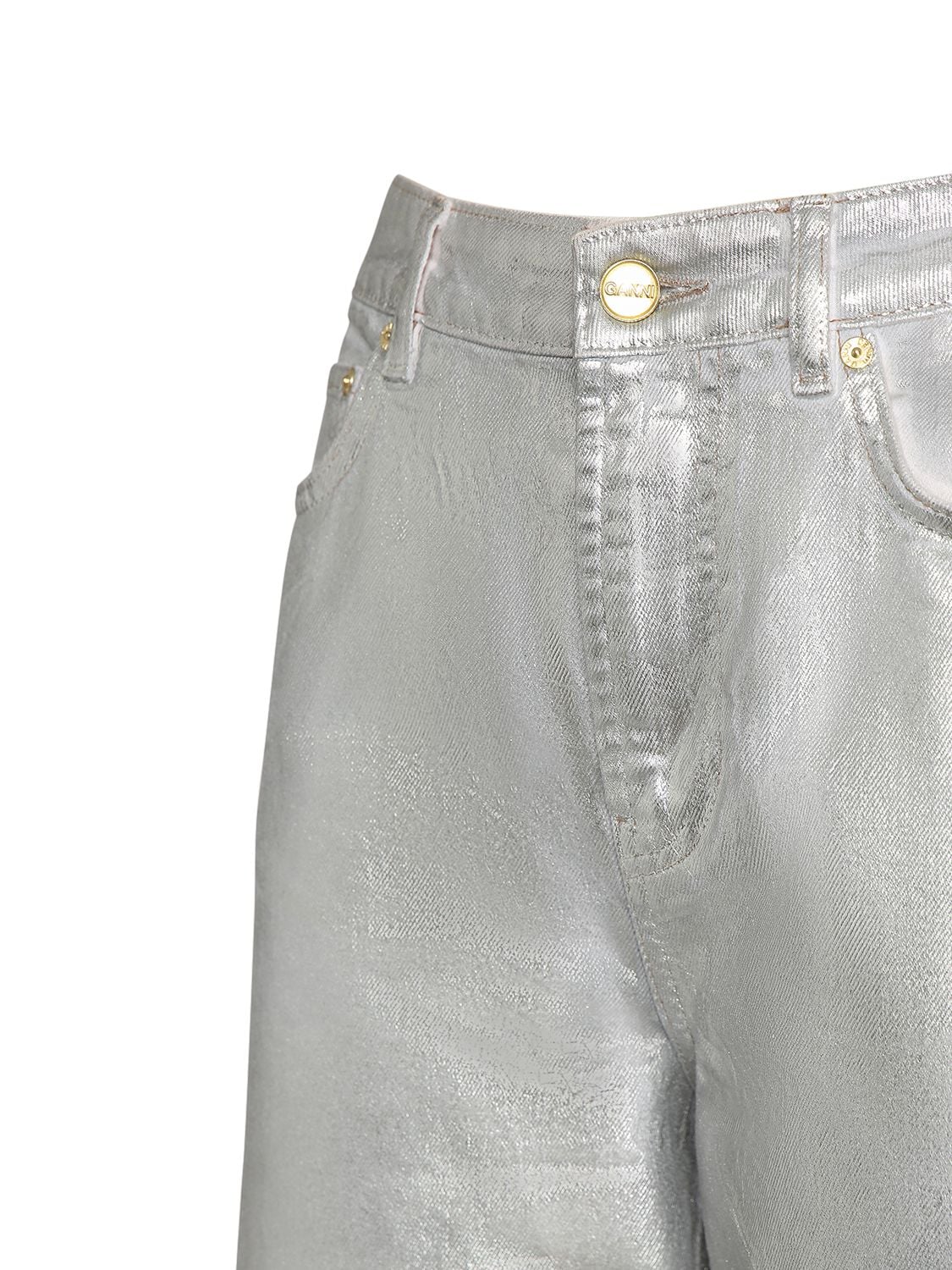 Shop Ganni Foil Coated Denim Jeans In Hellweiss