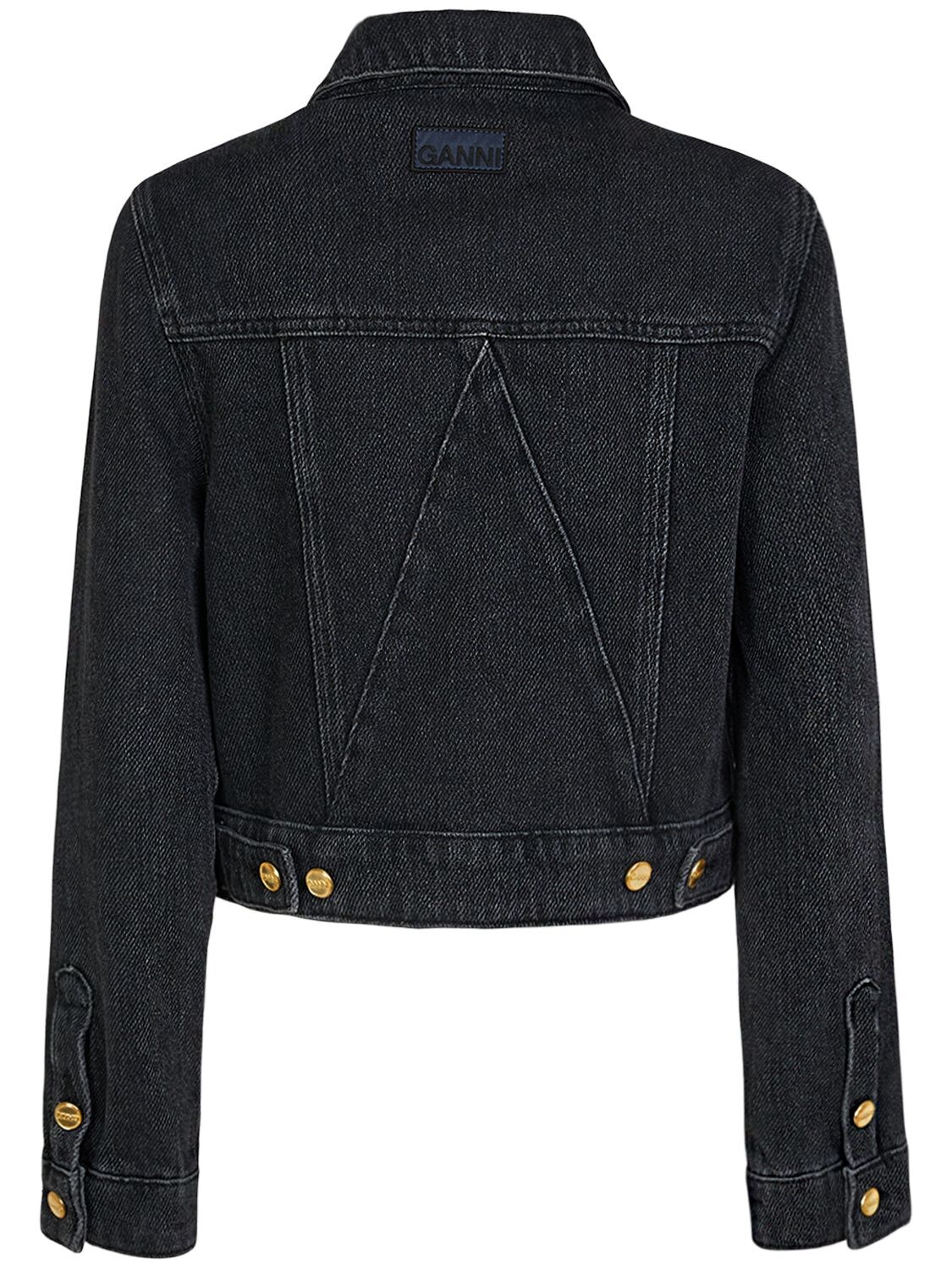 Shop Ganni Heavy Cotton Denim Crop Jacket In Washed Black