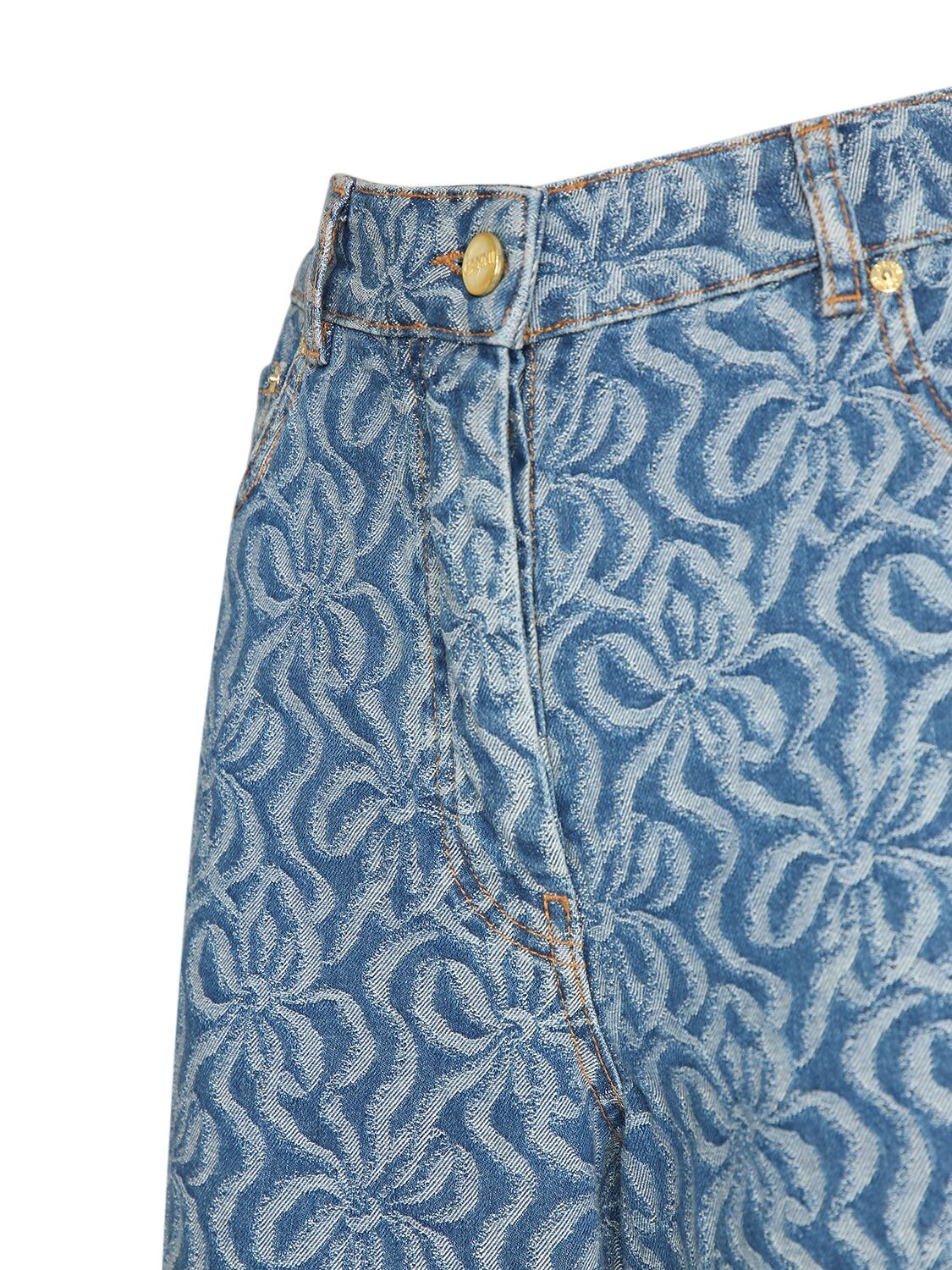 Shop Ganni Jacquard Cotton Denim Wide Pants In Blau