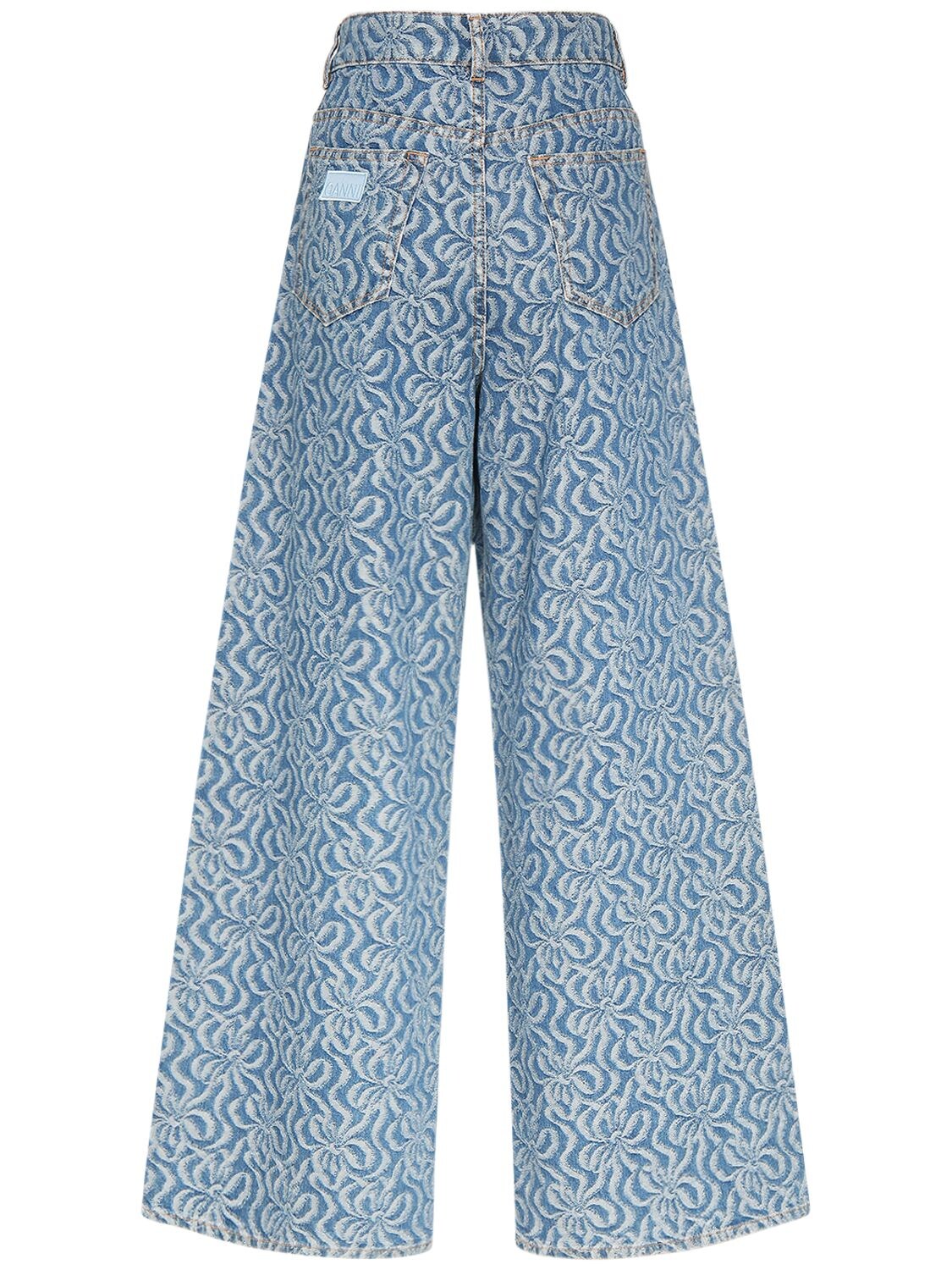 Shop Ganni Jacquard Cotton Denim Wide Pants In Blau
