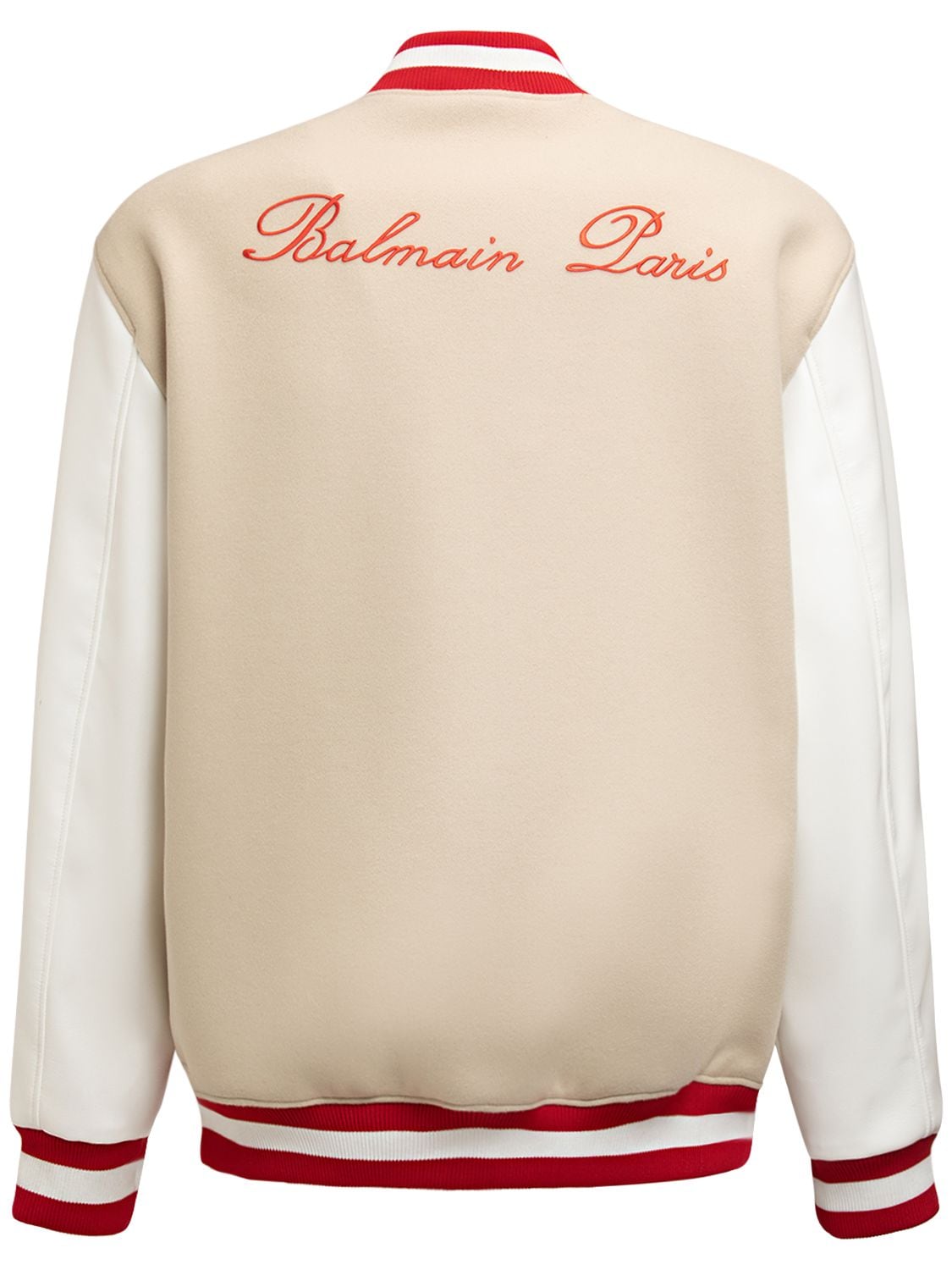 Shop Balmain Two Tone Logo Wool Varsity Jacket In Beige,white
