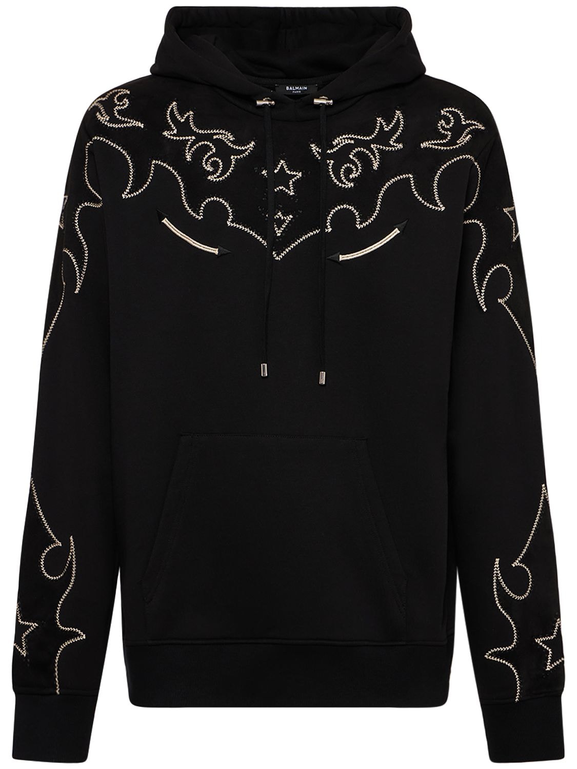 Shop Balmain Jersey & Suede Baroque Cotton Hoodie In Black