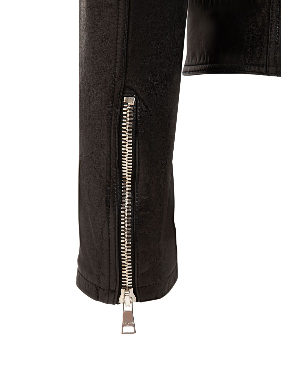 Shop Balmain Zipped Leather Biker Jacket In Black