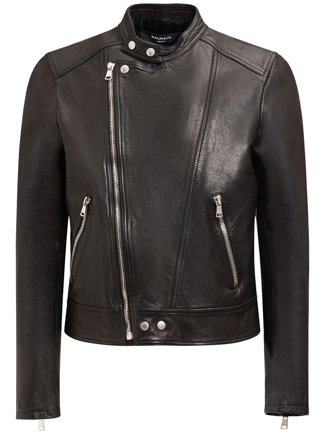 Balmain Zipped Leather Biker Jacket In Black
