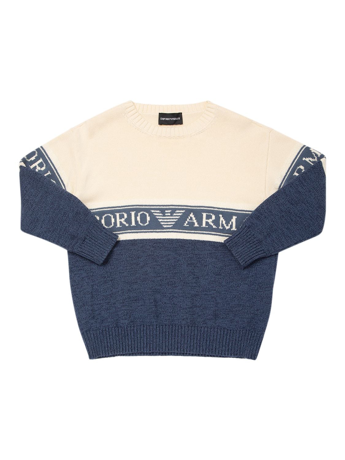 Emporio Armani Kids' Cotton Knit Sweater W/ Logo In Light Blue