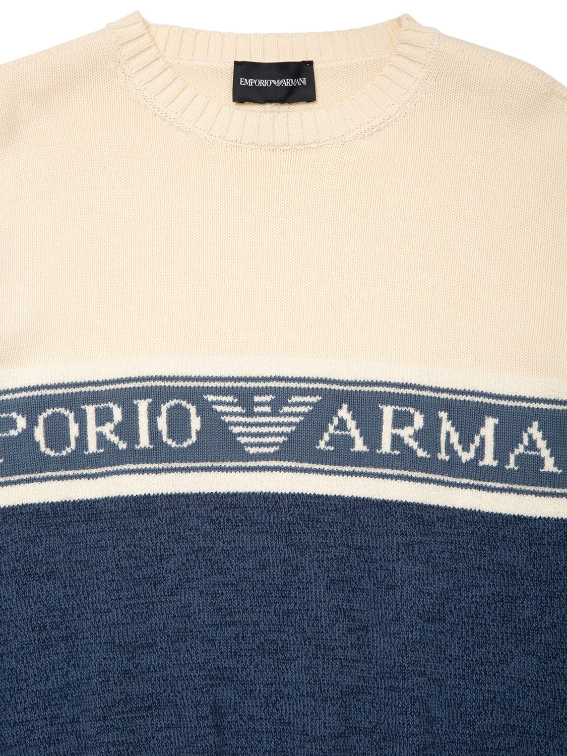 Shop Emporio Armani Cotton Knit Sweater W/ Logo In Light Blue