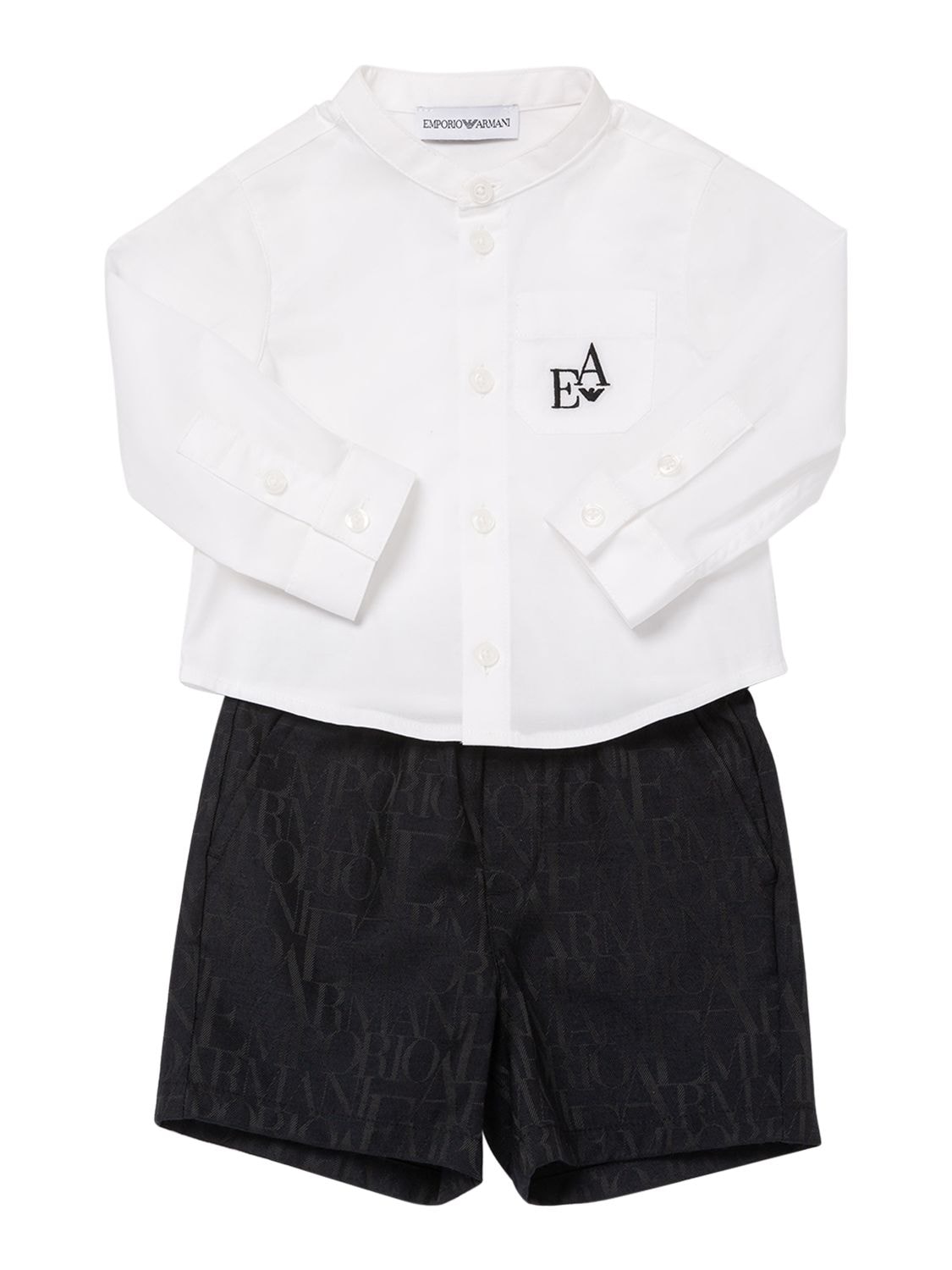 Emporio Armani Kids' Poplin Shirt & Gabardine Shorts In White,black