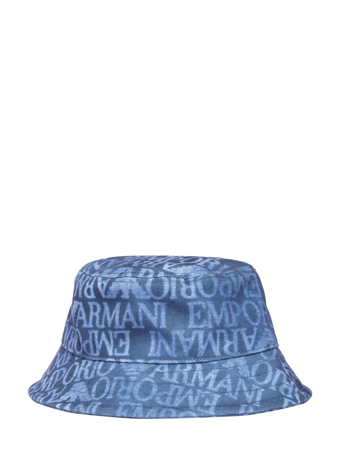 Shop Emporio Armani Printed Logo Nylon Bucket Hat In Light Blue