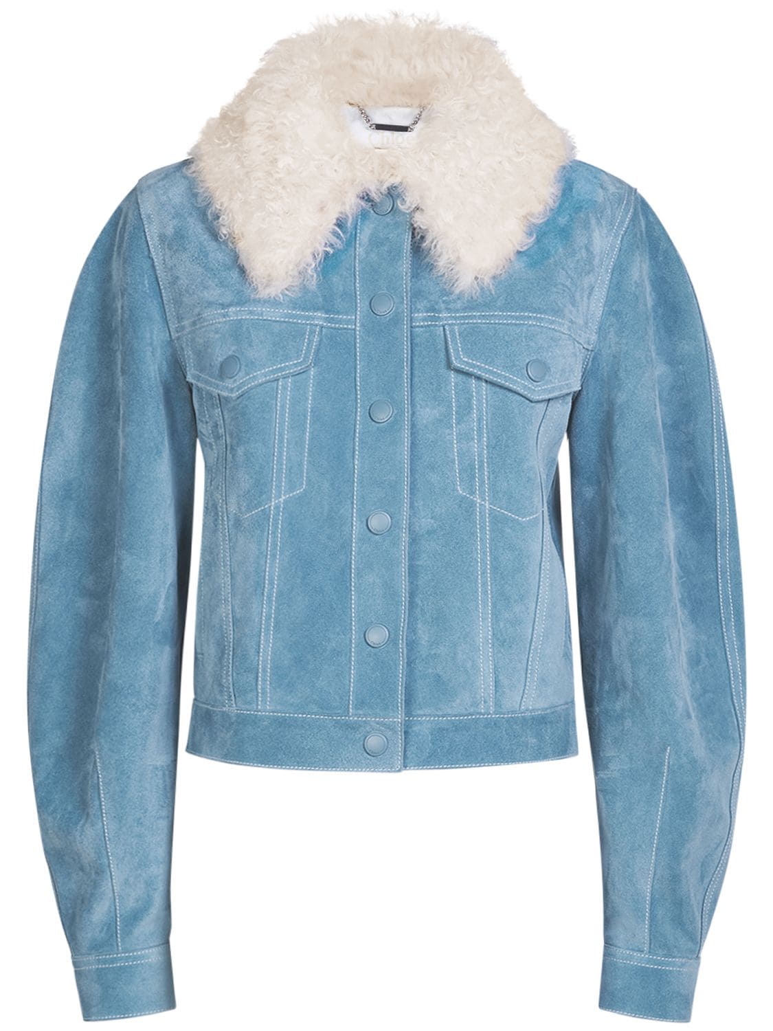 Chloé Leather & Suede Shearling Collar Jacket In Blue