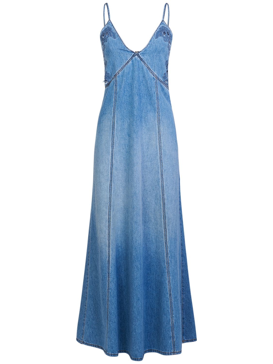 Shop Chloé Embroidered Cotton & Linen Long Dress In Blue
