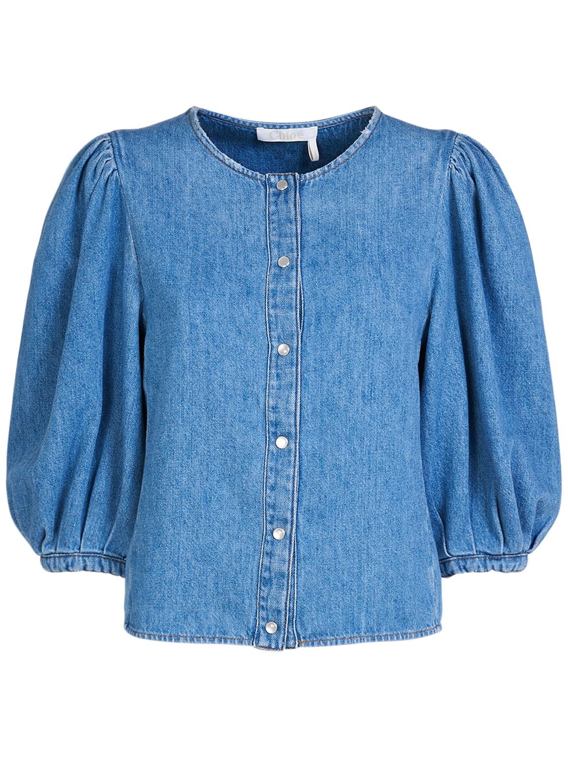 Chloé Cotton & Linen Denim Puff Sleeve Shirt In Foggy Blue