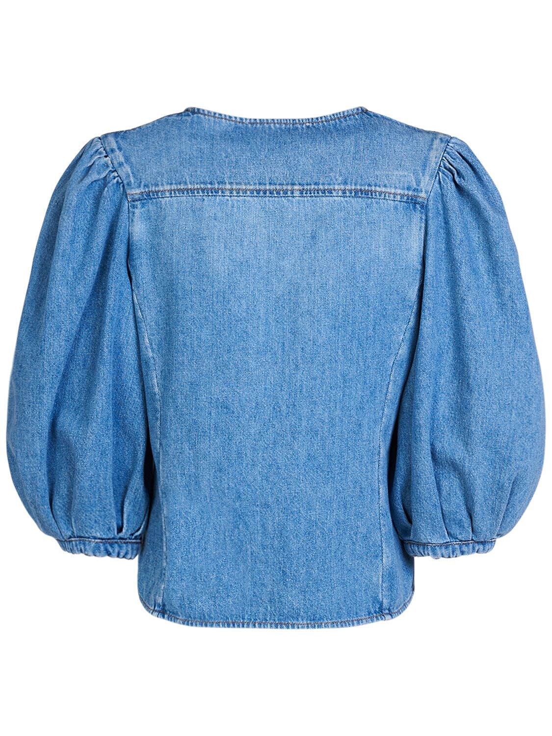 Shop Chloé Cotton & Linen Denim Puff Sleeve Shirt In Blue