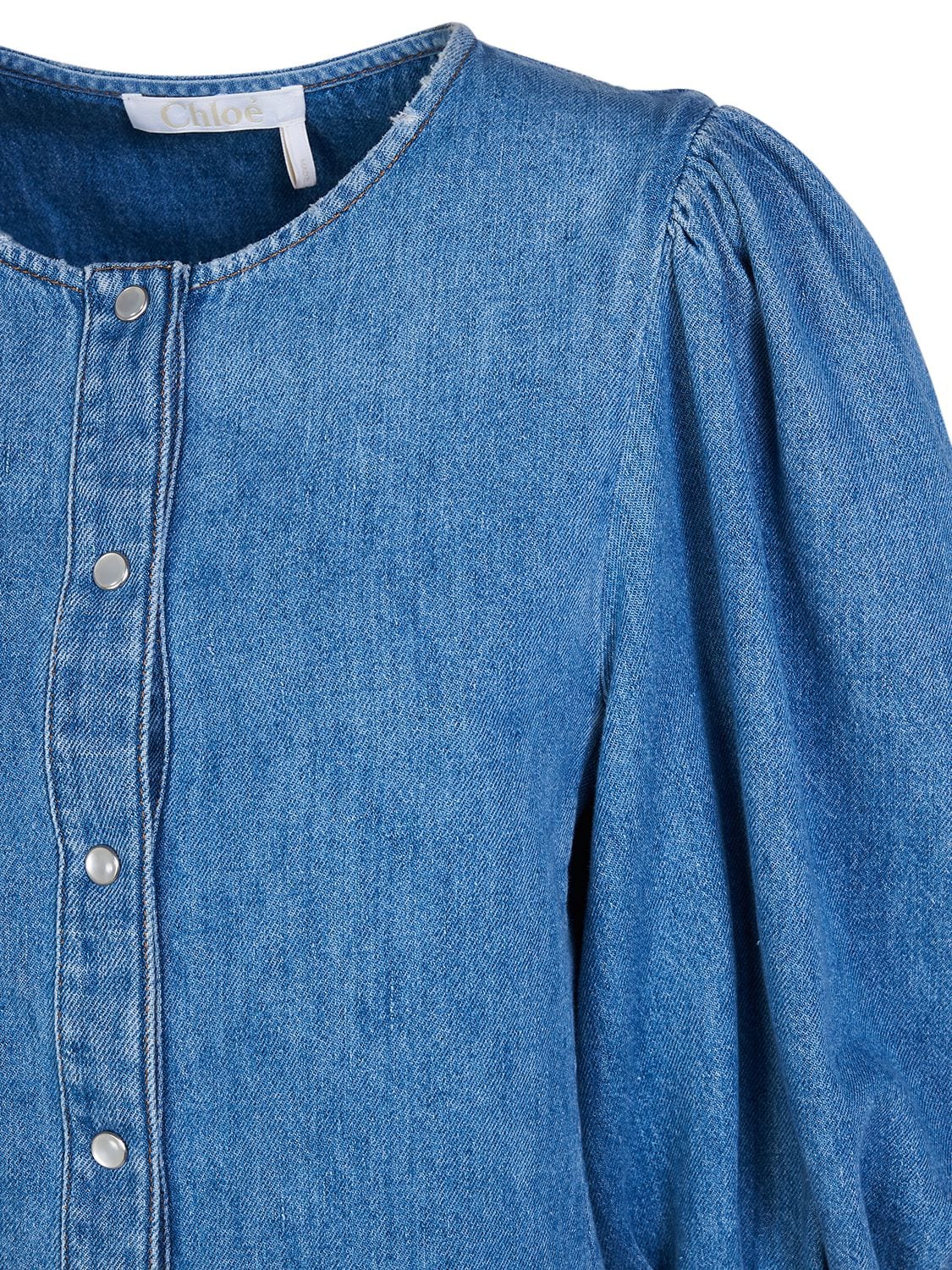 Shop Chloé Cotton & Linen Denim Puff Sleeve Shirt In Blue