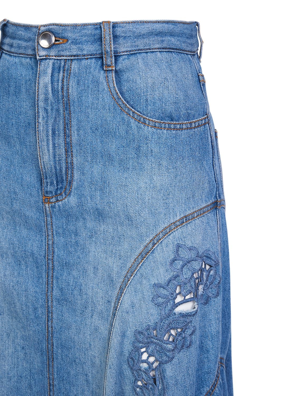 Shop Chloé Cotton & Linen Embroidered Midi Skirt In Blue