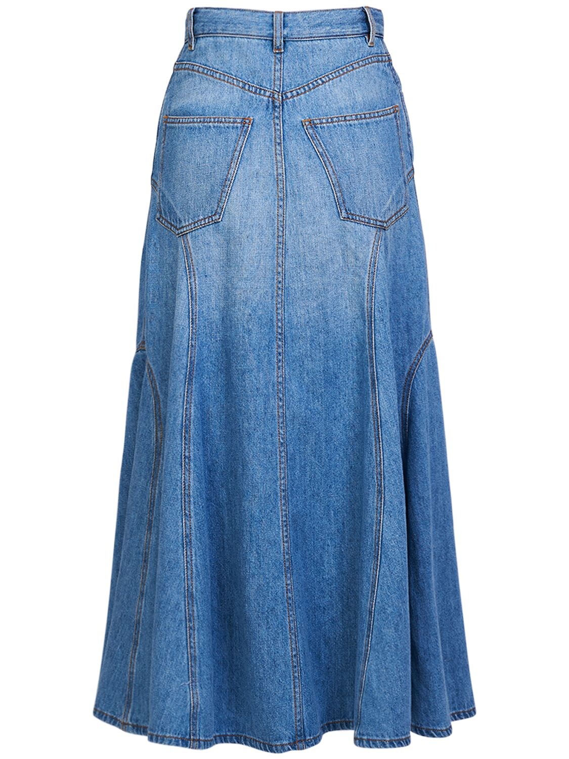 Shop Chloé Cotton & Linen Embroidered Midi Skirt In Blue