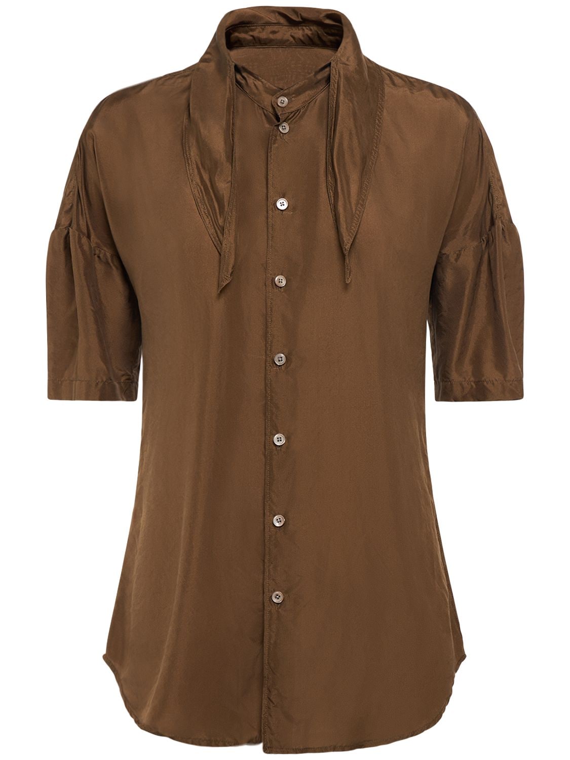 Lemaire Short Sleeve Fitted Silk Shirt W/ Scarf In Brown