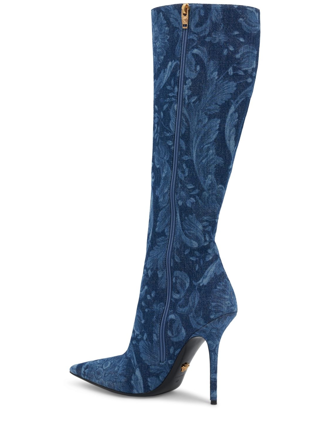 Shop Versace 110mm Printed Denim Tall Boots