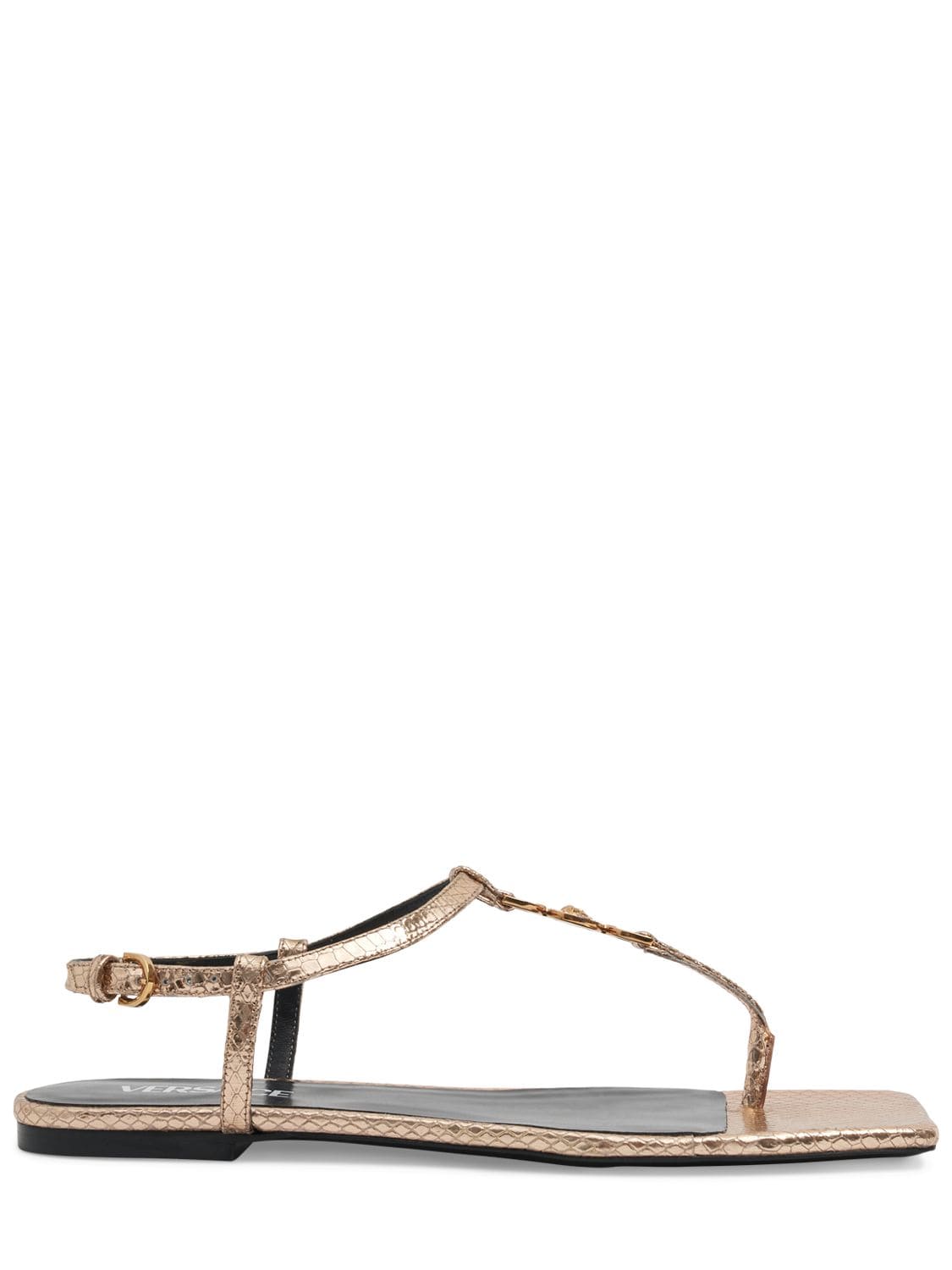 Shop Versace Laminated Leather Thong Sandals In Gold