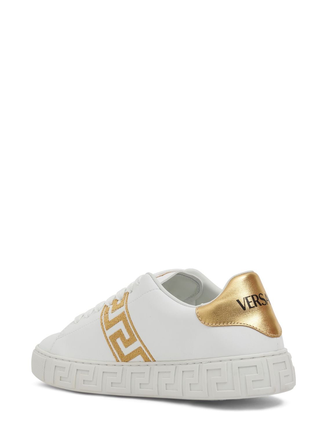 Shop Versace Faux Leather Sneakers W/ Embroidery In White,gold