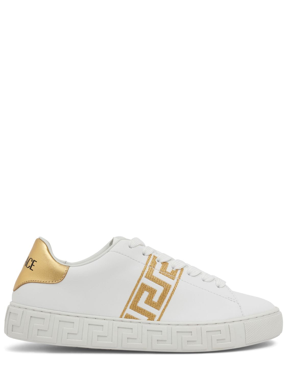 Versace Faux Leather Sneakers W/ Embroidery In White,gold
