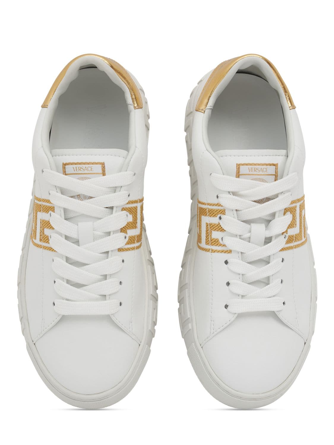 Shop Versace Faux Leather Sneakers W/ Embroidery In White,gold