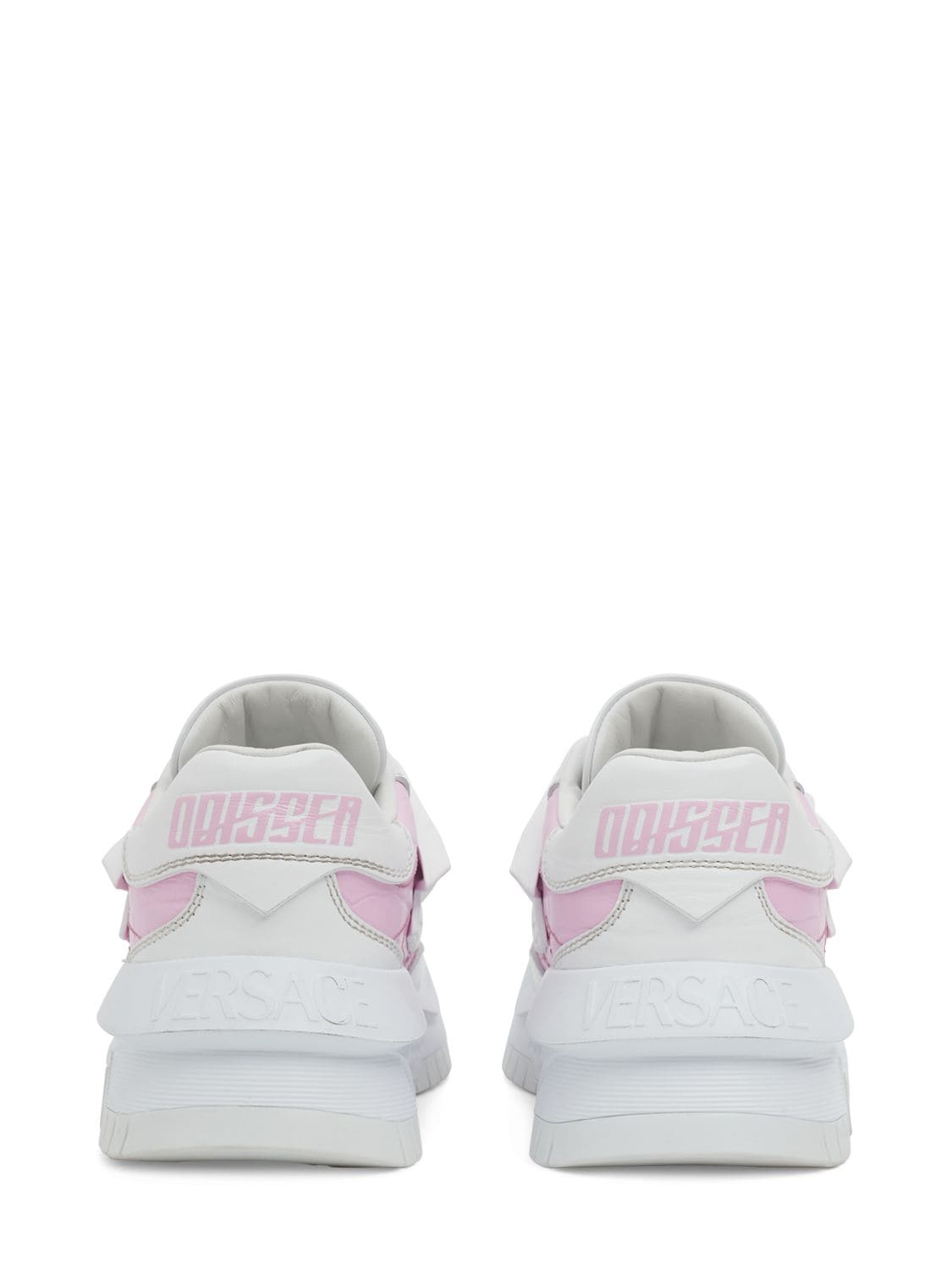 Shop Versace Leather Sneakers In White,pink