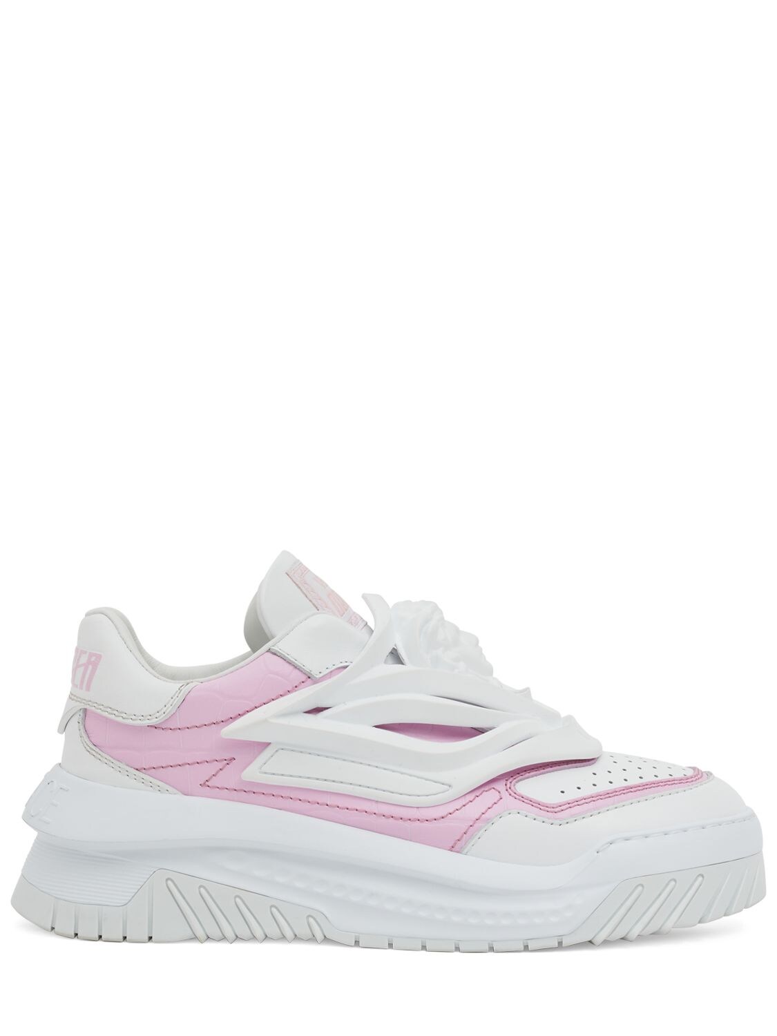 Shop Versace Leather Sneakers In White,pink