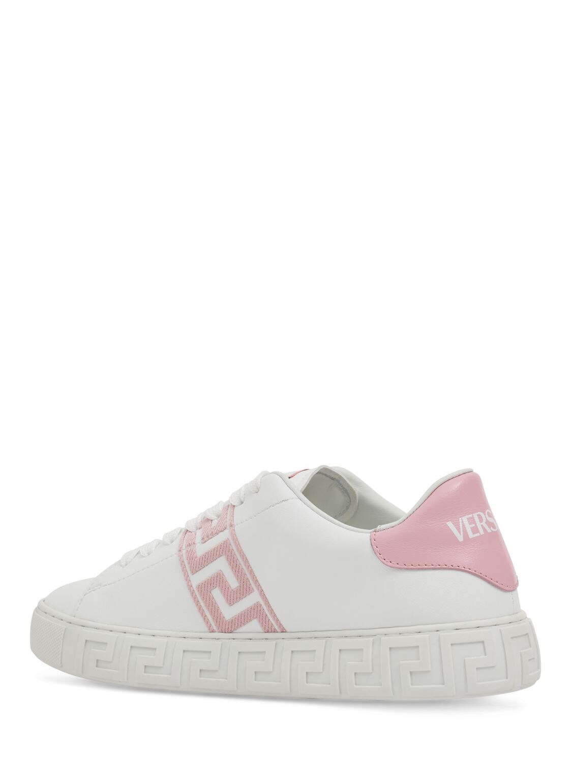 Shop Versace Embroidered Faux Leather Sneakers In White,pink