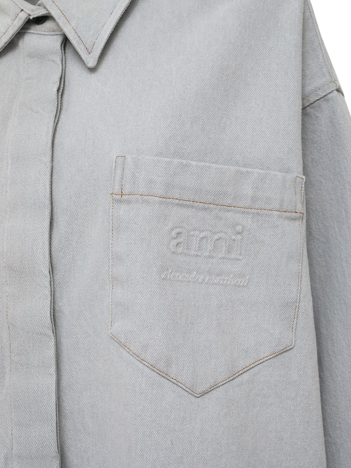 Shop Ami Alexandre Mattiussi Denim Cropped Cotton Shirt In Grey
