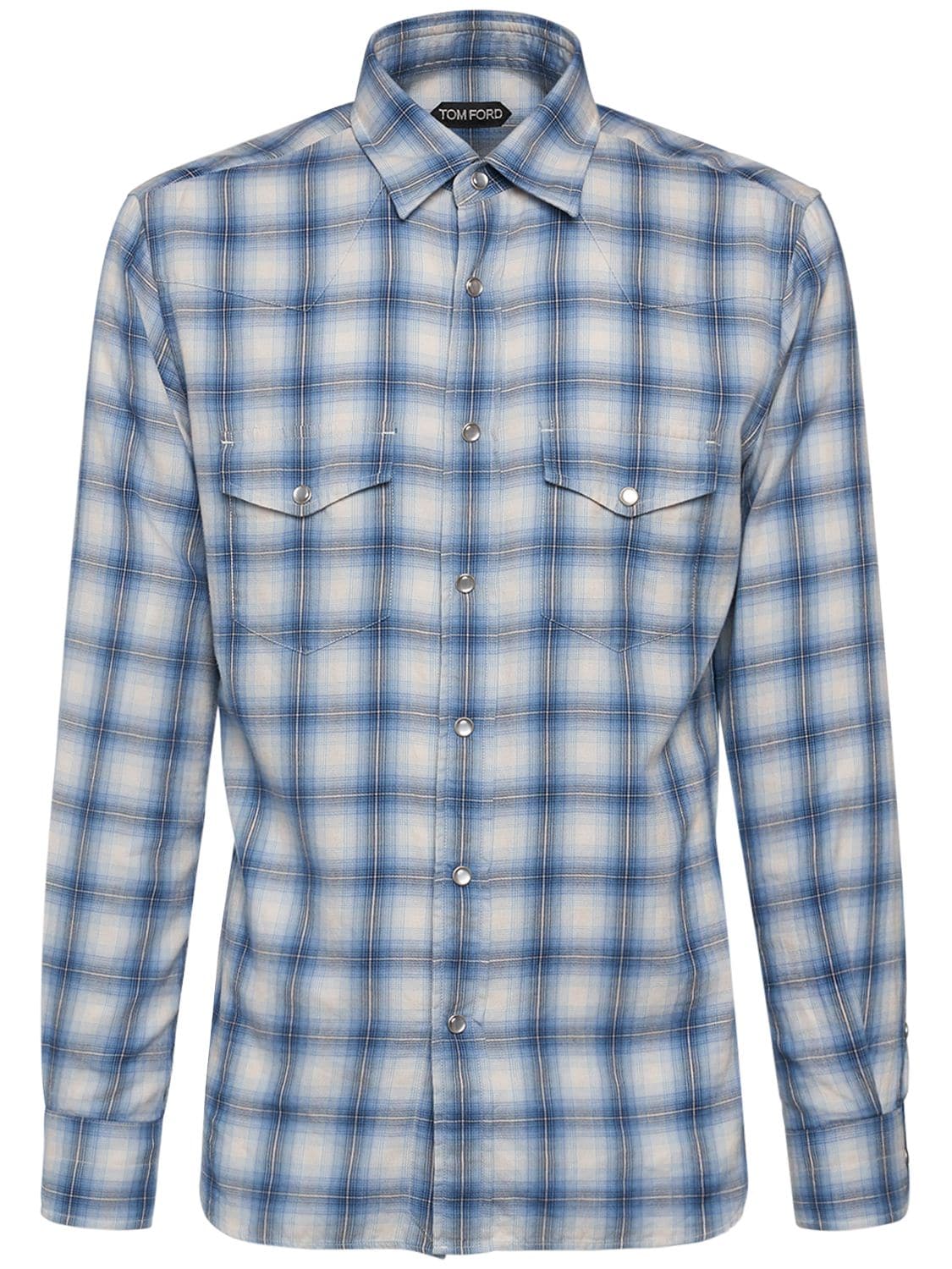 Tom Ford Checked Cotton Blend Western Shirt In Combo Blue