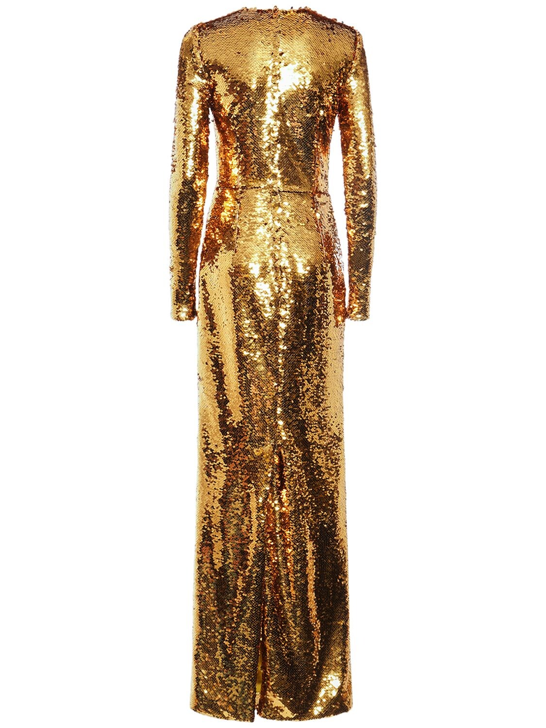 Shop Dolce & Gabbana Sequined Long Sleeves Maxi Dress In Gold
