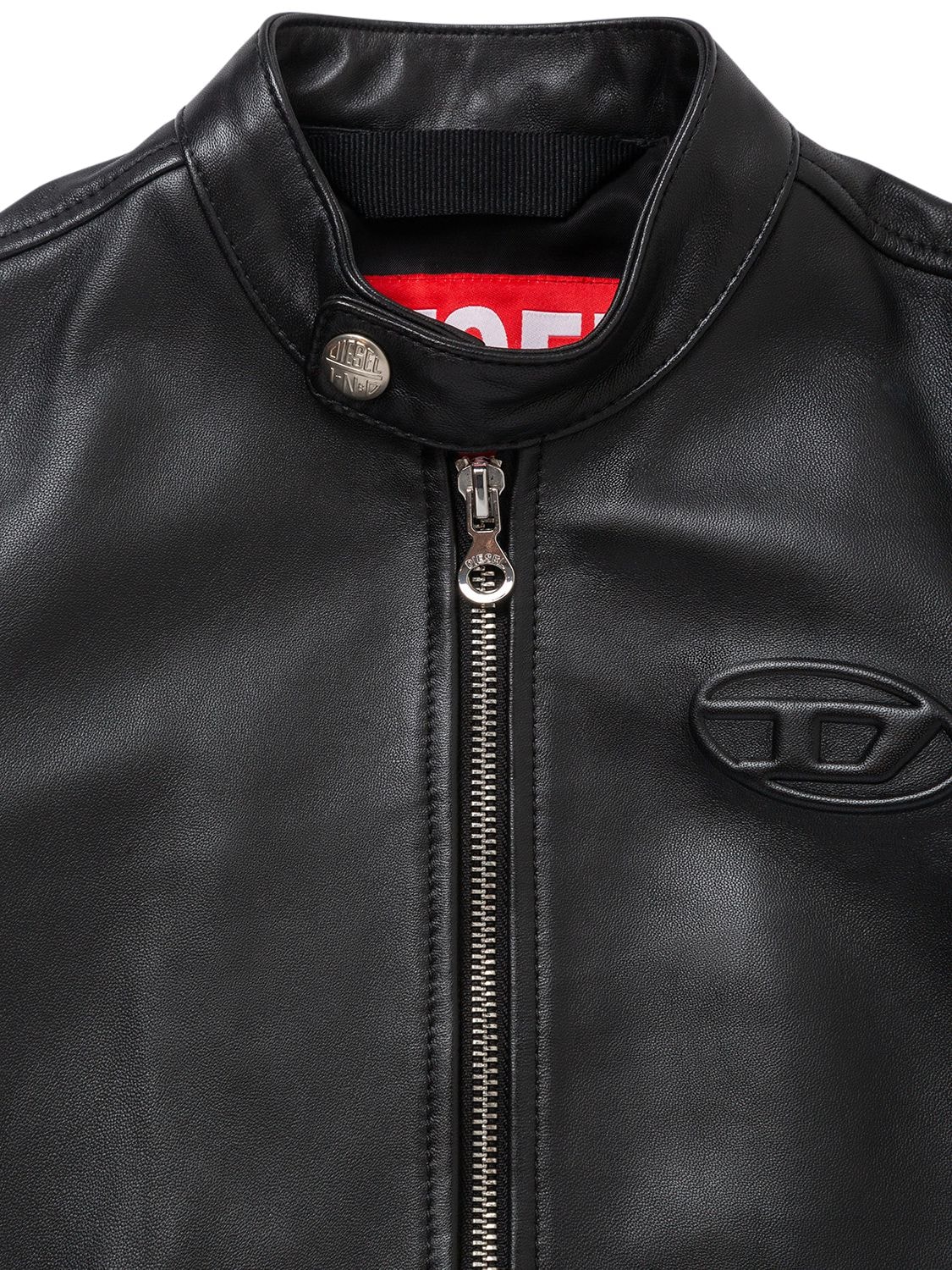 Shop Diesel Logo Embossed Leather Jacket In Black