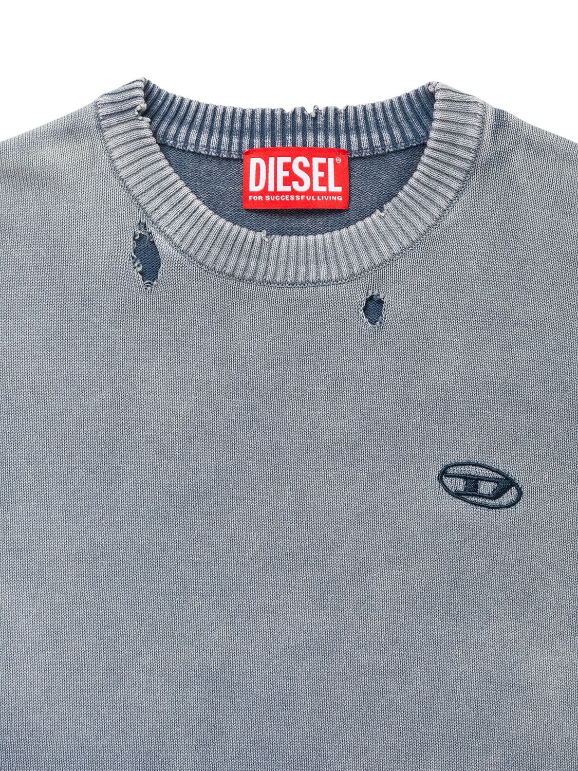 Shop Diesel Logo Distressed Cotton Knit Sweater In Blue
