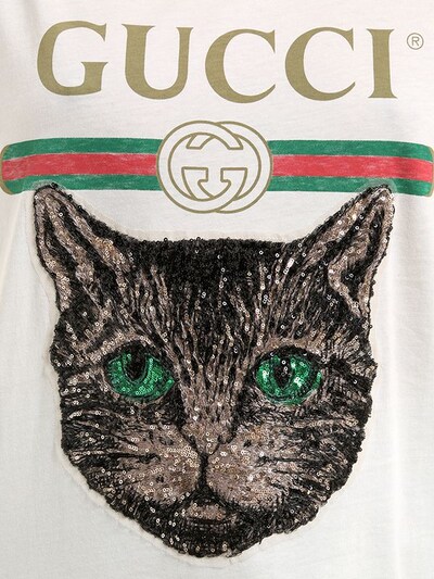 亮片猫咪&LOGO印图平纹T恤展示图